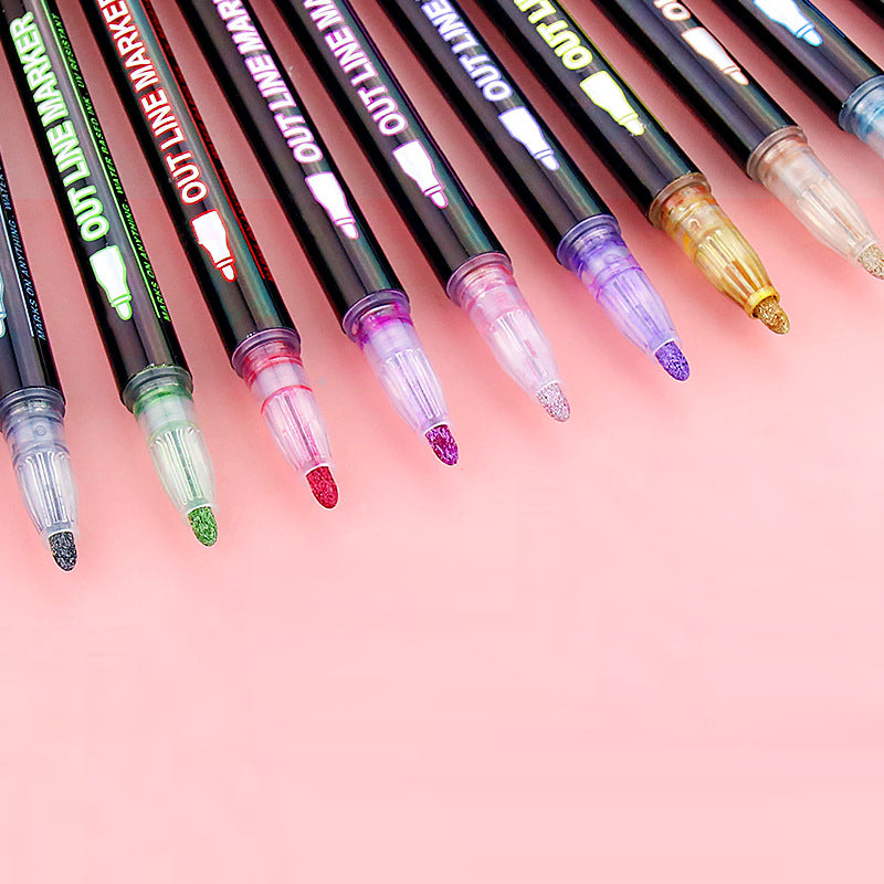 12 Colors Art Marker Glitter Colors Double Line Outline Pens DIY Metallic  Marker