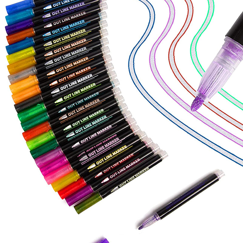12/24 Colors Outline Markers Shimmer Markers Set Self-Outline Metallic  Markers for Doodling Drawing and Calligraphy 12 Colors 