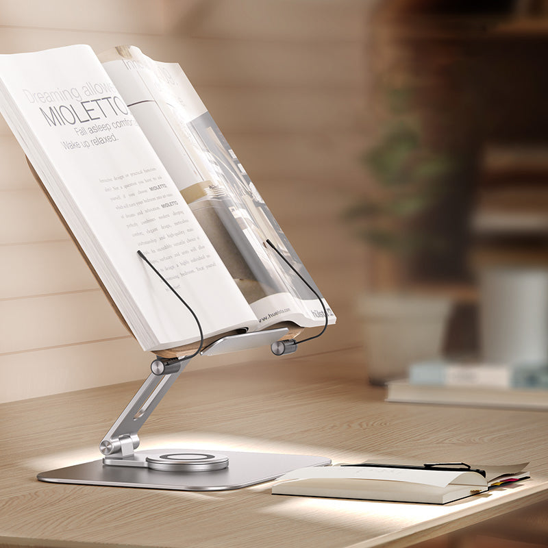 360° Rotate Book Stand Metal Book Holder with Paper Clips for